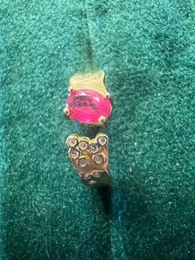 Gold setting s925 size 6 Ring with PinkRuby  Oval Gem and Clear Accent Stones